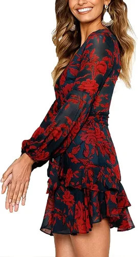 Vista 2 de UGUEST - Vestido corto de manga larga con cuello en V para mujer con diseño floral para fiestas o bodas suelto y acampanado con cinturón