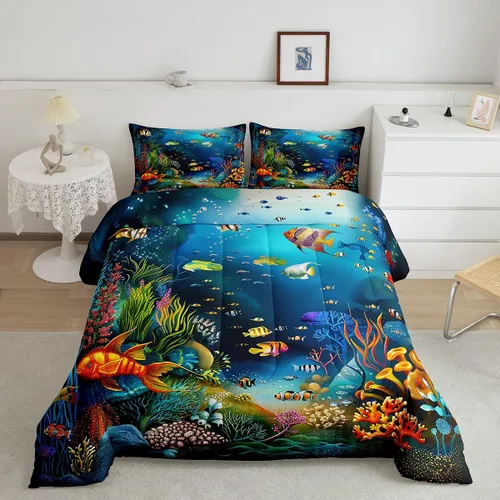 Vista 29 de Feelyou Juego de ropa de cama de sirena suave para niños y niñas, juego de edredón de escamas de peces oceánicos, tamaño individual, edredón