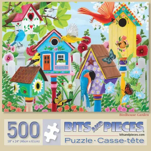 Vista 10 de Bits and Pieces Rompecabezas grande de 300 piezas para adultos – 'Birdhouse Garden' por la artista Kathy Bambeck, tamaño del rompecabezas