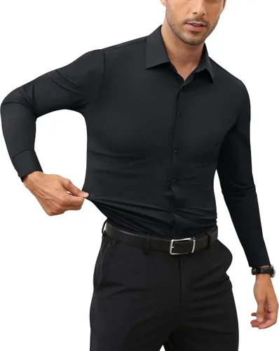 Vista 7 de Lion Nardo Camisas de vestir elásticas para hombre, de manga larga, ajuste musculoso, camisas de vestir para hombre, ajuste delgado, camisas
