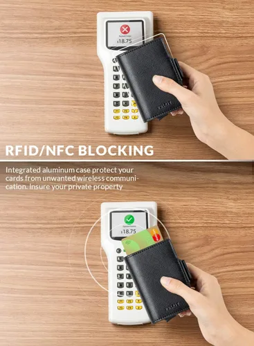 Vista 3 de VULKIT Tarjetero de cuero con bloqueo RFID, billetera desplegable automática con bloqueo RFID, cartera magnética para tarjetas doble para hombres