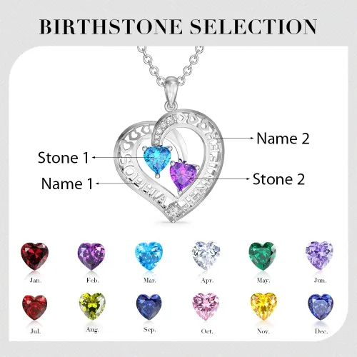 Vista 4 de GLAMCARAT Joyería personalizada grabada en 3D, collar de madre con 2 piedras de nacimiento, 2 nombres de niños, joyería familiar, collar de nombre