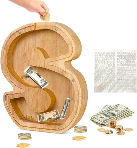 Vista 18 de Alcancía de Madera Personalizada con Letras del Alfabeto, Banco de Monedas con Letras del Alfabeto para Niños, Niñas y Bebés, Tamaño Grande, 26