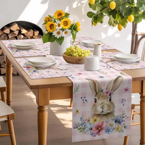 Vista 7 de Juego de 4 manteles individuales de Pascua con diseño de conejo, tela de arpillera tejida lavable para mesa de comedor cuadrada, rectangular