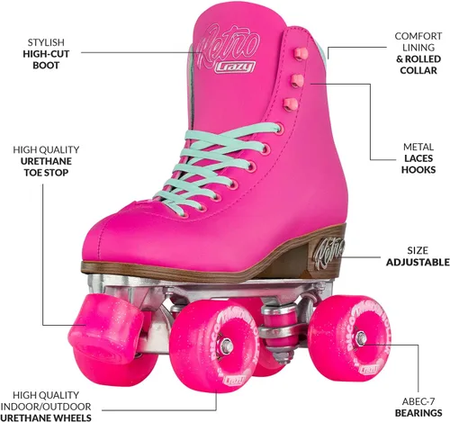 Vista 2 de Crazy Skates Retro Roller Skates Adjustable or Fixed Sizes Classic Quad Skates for Men, Women and Girls Rosa (ajustable)