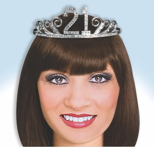 Vista 2 de Forum Novelties Tiara de feliz cumpleaños número 21 incrustada con diamantes de imitación con caja de recuerdo, plateado
