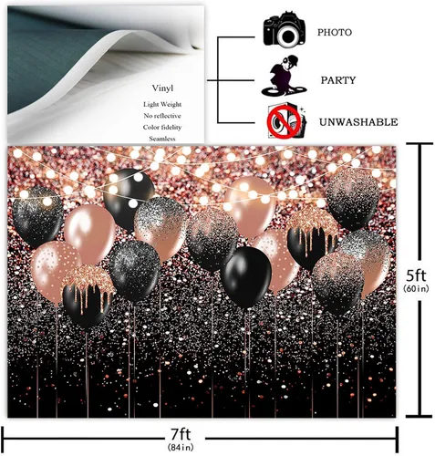 Vista 2 de Avezano Telón de fondo con purpurina de oro rosa y negro para cumpleaños, boda, despedida de soltera, fondo de fotografía, globo rosa dorado