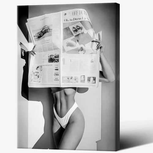 Vista 14 de Lienzo vintage con chica leyendo periódico, vista de la Torre Eiffel, arte de pared retro en blanco y negro, feminista, estética de habitación