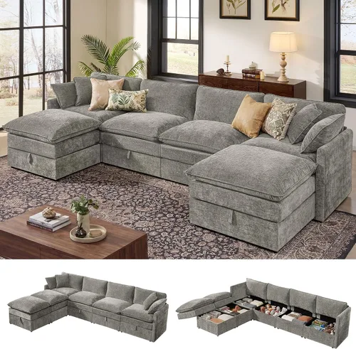 Vista 42 de Ihanherry Sofá modular de 103 pulgadas con almacenamiento, sofá de nube en forma de U con otomanas móviles y 4 almohadas, sofás seccionales