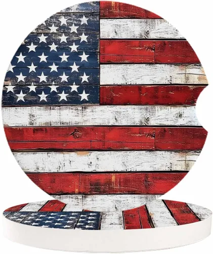 Vista 16 de Portavasos para automóvil para mujeres/hombres, paquete de 2 posavasos absorbentes de cerámica para bebidas, diseño de camuflaje con bandera