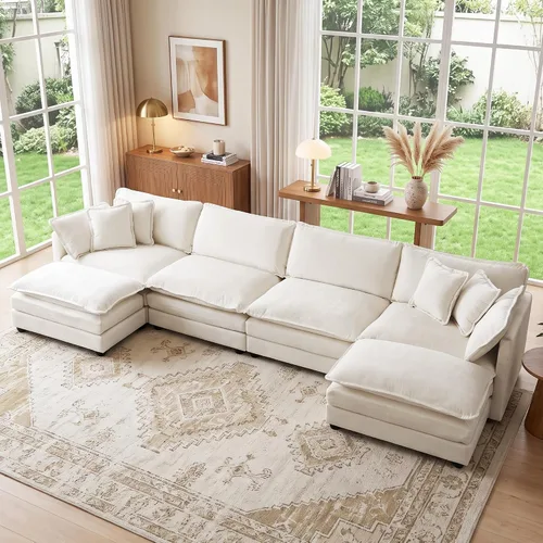Vista 25 de Sofá individual modular de chenilla con otomana, sofá nube con almohada, color beige