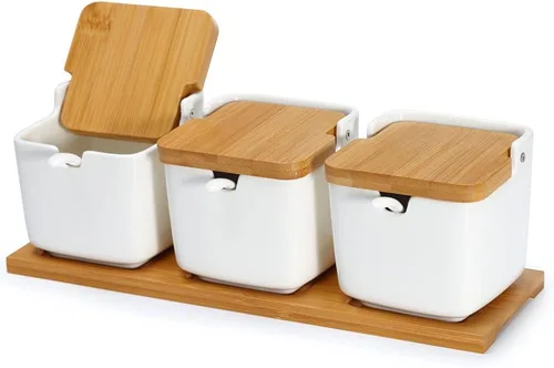 Vista 5 de Recipiente de cerámica con tapa y cuchara de bambú, tarro de porcelana de 9.1 onzas líquidas para pimienta con etiqueta de pizarra, para C-001