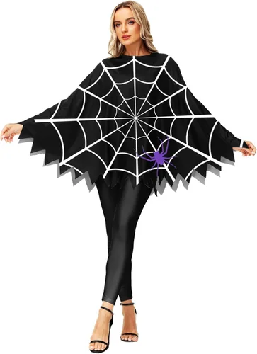 Vista 2 de Disfraz de calabaza de Halloween, capa de poncho de esqueleto de telaraña