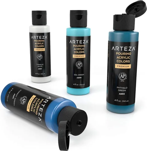 Vista 5 de ARTEZA Juego de 4 colores de pintura acrílica para vertido, botellas de 4 onzas, tonos aguamarina, pintura acrílica de alto flujo, suministros