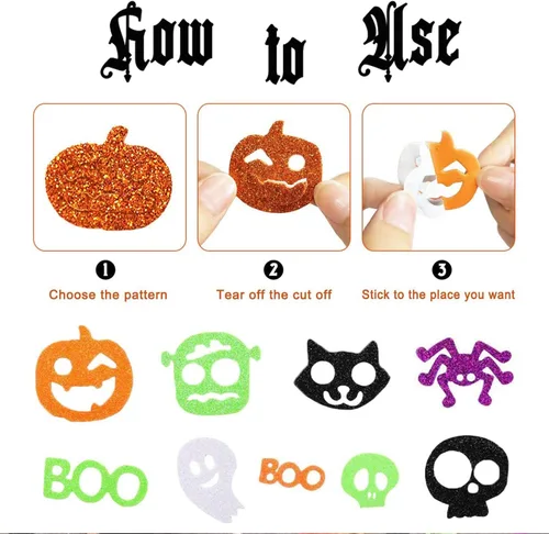 Vista 6 de Calcomanías de espuma de Halloween con purpurina, calcomanías de Halloween, calcomanías autoadhesivas brillantes con forma de fantasma de calabaza