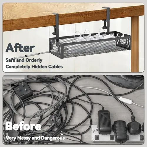 Vista 2 de Organizador de cables, bandeja de organización de cables debajo del escritorio de 15 pulgadas, sin taladro, organizador de cables de metal con Negro