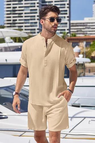 Vista 2 de COOFANDY Conjunto de lino de 2 piezas para hombre, camisa Henley, manga corta y pantalones cortos, trajes a juego para yoga y playa