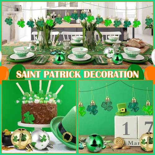 Vista 6 de Teling 36 piezas de decoración del día de San Patricio adorno colgante para árbol trébol bola colgante bola de plástico verde adorno trébol sombrero