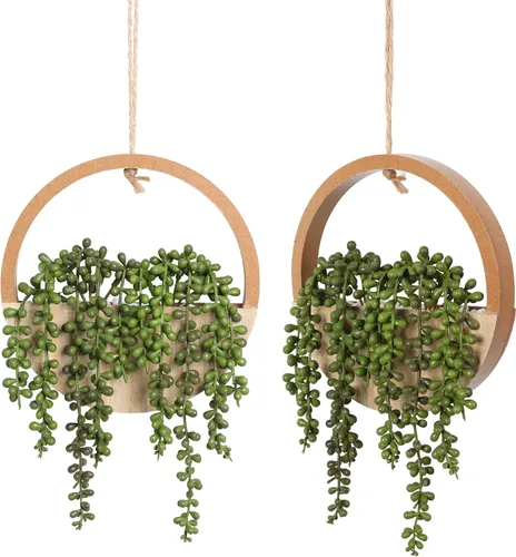 Vista 12 de Floweroyal 2pcs Plantas Suculentas Artificiales Colgantes 20.1'' Cadena de Perlas Falsas en Maceta con Cordón de 9.4'' para Decoración de Pared