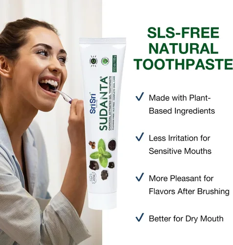 Vista 3 de Sri Sri Tattva Sudanta - Pasta de dientes de carbón - SLS, pasta de dientes herbales sin flúor con neem y hierbas ayurvédicas, blanqueamiento dental