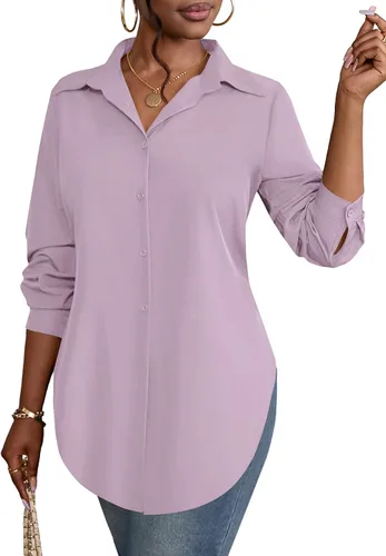 Vista 7 de Rooscier Blusa larga con cuello en V para mujer, manga larga, abertura lateral, con botones
