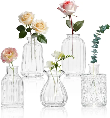 Vista 10 de KJHL Juego de 4 jarrones pequeños de cristal para flores, jarrones de flores pequeños transparentes vintage para centros de mesa de boda, mini