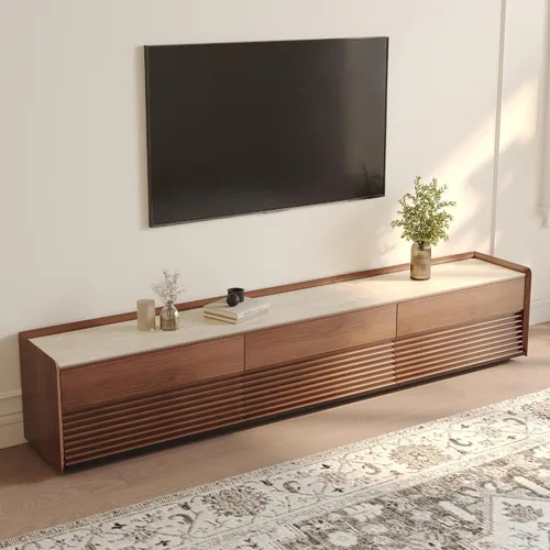 Vista 9 de POVISON Soporte de TV completamente ensamblado de mediados de siglo de piedra sinterizada mate, consola multimedia de madera de 70.87" con luz LED