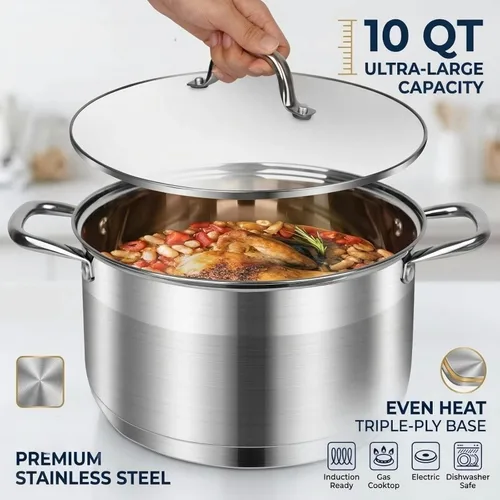Vista 3 de Olla de 10 cuartos de galón con tapa de vidrio, olla de sopa de acero inoxidable de grado alimenticio premium, olla grande para cocinar guisos