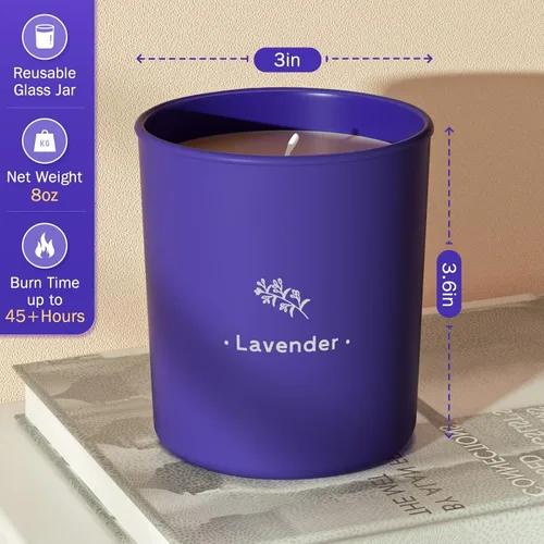 Vista 3 de Velas aromáticas de lavanda para el hogar, velas perfumadas de 8 onzas, cera en tarro morado, hechas con soja para mujeres, 45 horas de combustión
