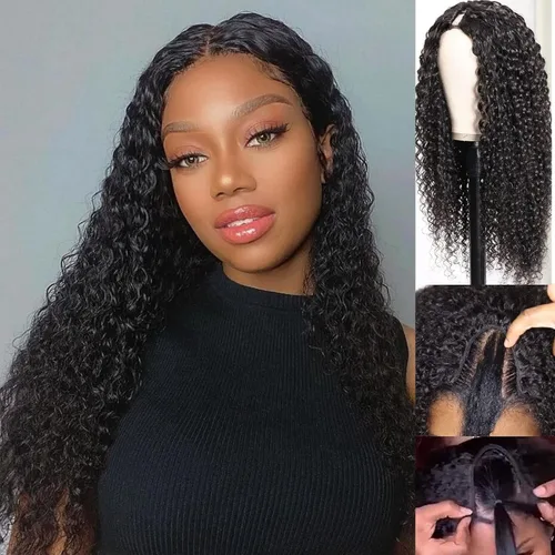 Vista 10 de Peluca de cabello humano rizado rizado con parte en V para mujeres negras, en forma de V, sin dejar fuera, sin pegamento, 14 pulgadas