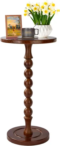 Vista 10 de Mesa auxiliar redonda para espacios pequeños, mesa de bebidas con pedestal de madera de roble, mesa auxiliar moderna para sala de estar, dormitorio