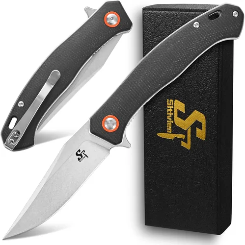 Vista 7 de Sitivien ST112 Cuchillo plegable, hoja D2 y mango de micarta, cuchillo herramienta EDC con clip de bolsillo para camping al aire libre, senderismo