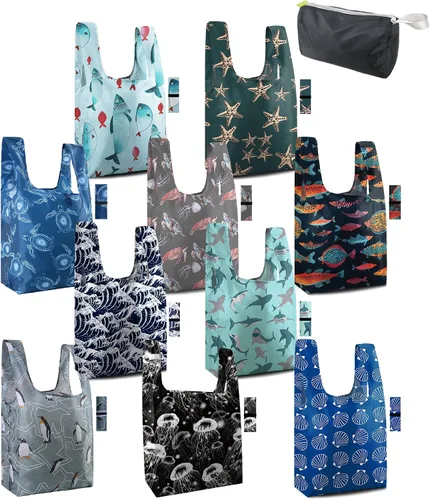 Vista 8 de BeeGreen Bolsas de comestibles reutilizables plegables, paquete de 12 bolsas grandes y bonitas, bolsa de regalo de tela lavable resistente con asas