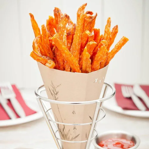 Vista 3 de Restaurantware Soporte para papas fritas de 4 x 5 pulgadas, 1 soporte para freír – con 2 soportes para salsas, soporte de cono de acero inoxidable