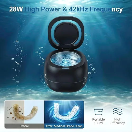 Vista 2 de Máquina limpiadora ultrasónica de retenedor, negro, 42KHZ para dentadura, cabezales de cepillo de dientes, joyas, frenos, temporizador digital con 2