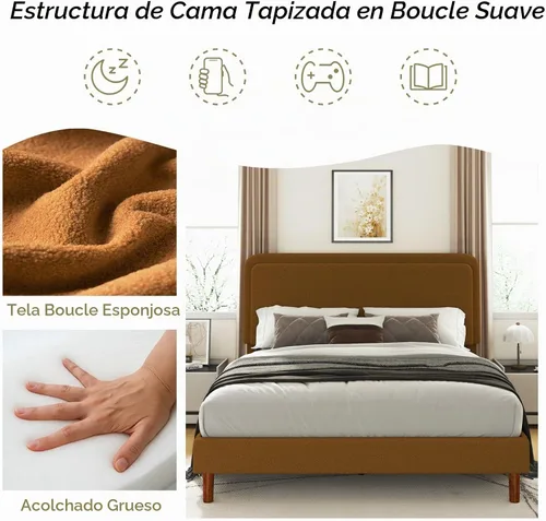 Vista 4 de Marco de cama tapizado Boucle de tamaño matrimonial con cabecera ajustable, plataforma de nube, patas de madera maciza, no necesita somier, fácil