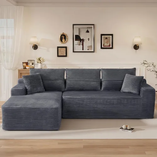 Vista 11 de Sofás seccionales sin hueso en forma de L de 108 pulgadas para sala de estar, moderno y cómodo sofá modular de pana comprimida de espuma
