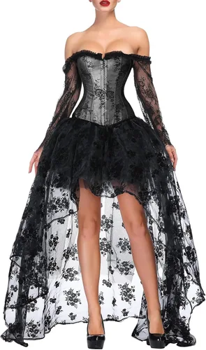 Vista 7 de Kimring Top Corsé Victoriano Steampunk con Hombros Descubiertos para Mujer con Falda de Largo Asimétrico Overbust, Long Sleeves, 12 Plastic Boned