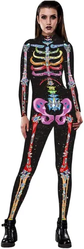 Vista 3 de Esqueleto Jjeuwe de Halloween, traje de cuerpo entero, ajustado, elastizado, para mujer