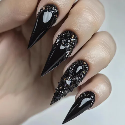 Vista 19 de BABALAL - Uñas postizas largas a presión, uñas postizas negras y rojas, uñas acrílicas de almendra con diseño gótico de vampiro, uñas adhesivas