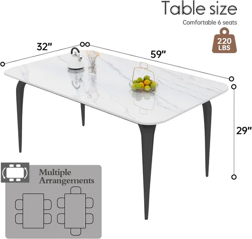 Vista 2 de Mesa de comedor, mesa de cocina de piedra sinterizada, mesa rectangular moderna de pizarra de 59 pulgadas con patas de metal, mesa de comedor