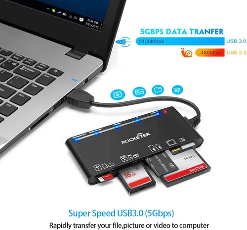 Vista 3 de Lector multitarjeta USB3.0, SD/TF/CF/Micro SD/XD/MS 7 en 1 rápido lector de tarjetas de memoria de 5 Gbps, escritor/concentrador para SD SDXC SDHC