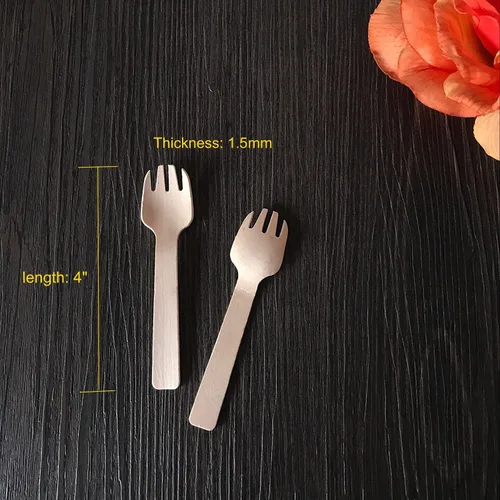 Vista 2 de Gmark Mini tenedores de madera extra gruesos de 0.059 in (4 pulgadas) – 100 utensilios de madera de abedul resistentes 2 en 1 – Combo resistente