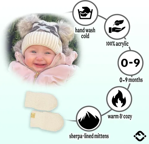 Vista 2 de Funky Junque Conjunto de gorro y mitones con doble pompón de pelo sintético para bebé – Gorro de invierno para recién nacidos de 0–9 meses