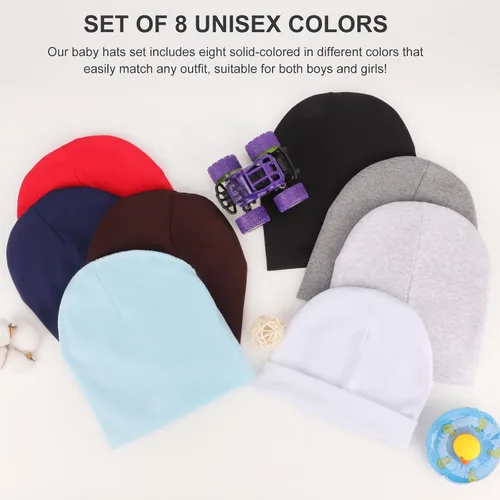 Vista 7 de DRESHOW BQUBO - Gorro unisex para bebé, paquete de 8 unidades, gorro de punto suave y lindo para bebé