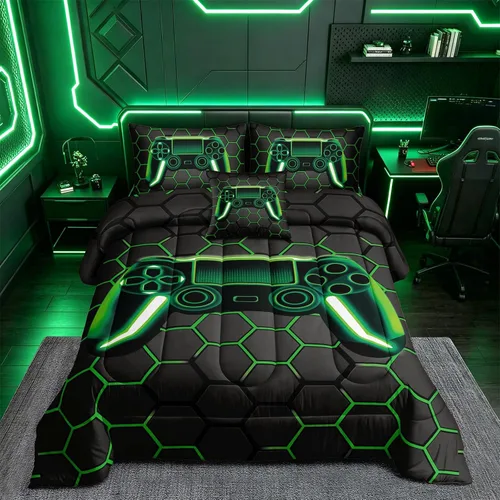 Vista 2 de ROWADALO Juego de ropa de cama de 5 piezas para niños, juego de edredón para niños jugadores, tamaño individual, juego de edredón de videojuegos