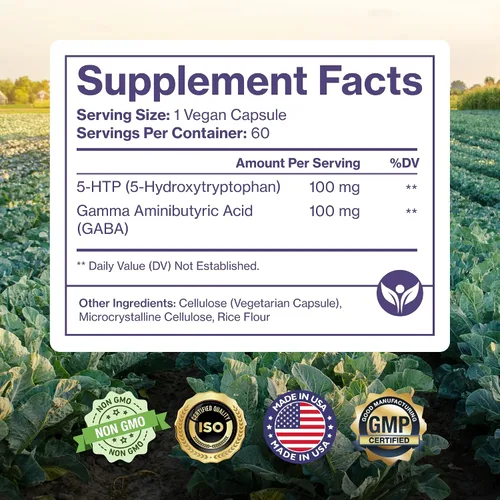 Vista 5 de Pure 5-HTP (5-hidroxitriptófano) Plus GABA Suplemento - para el sueño, el estado de ánimo y el estrés - 60 cápsulas vegetales
