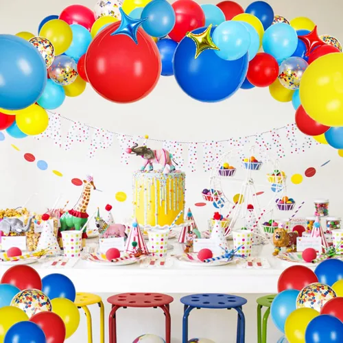 Vista 3 de JOYYPOP Kit de arco de globos de carnaval con 123 globos de confeti de látex de arcoíris rojo, azul, amarillo, para decoraciones de fiesta