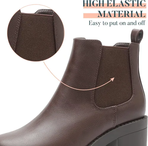 Vista 4 de EETTARO Botas de tobillo de tacón grueso para mujer, suela elástica, botas Chelsea con punta redonda para mujer