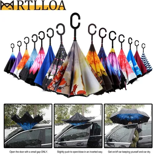 Vista 7 de MRTLLOA - Paraguas invertido de doble capa, mango en forma de C, impermeable, anti rayos UV, resistente al viento, para automóvil, lluvia y uso